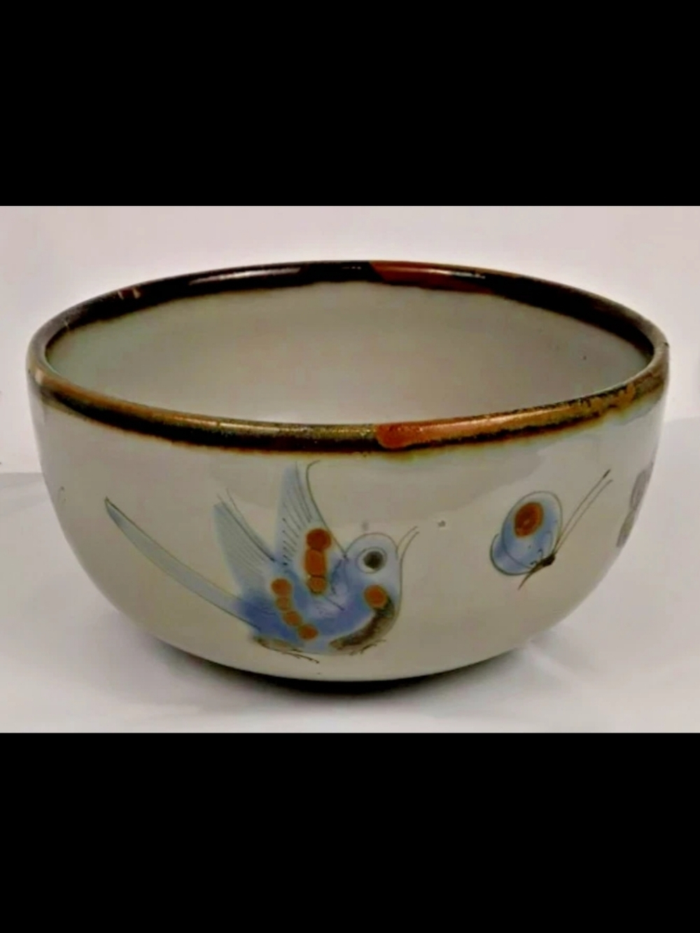 Ken Edwards Tonala Mexico Pottery Bowl Bird Flower Folk Art CRACKED